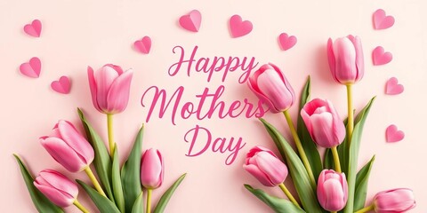 Fototapeta premium Pink tulips, hearts, Happy Mother's Day calligraphy on elegant background, script, cheerful