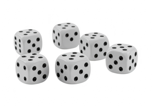 A group of six white dice with black pips, isolated on a transparent background, representing chance and games
