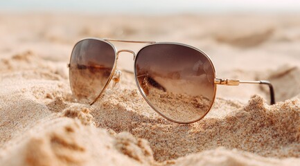 Aviator sunglasses rest in beach sand