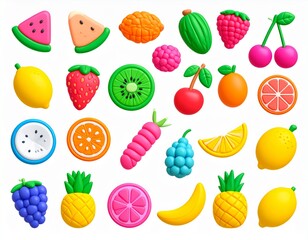 Sweet fruits icon set. Watermelon, kiwi, orange, cherry, strawberry, raspberry, pinea