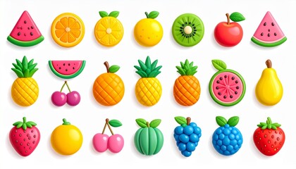 Sweet fruits icon set. Watermelon, kiwi, orange, cherry, strawberry, raspberry, pinea