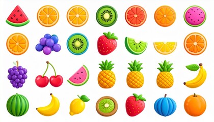 Obraz premium Sweet fruits icon set. Watermelon, kiwi, orange, cherry, strawberry, raspberry, pinea