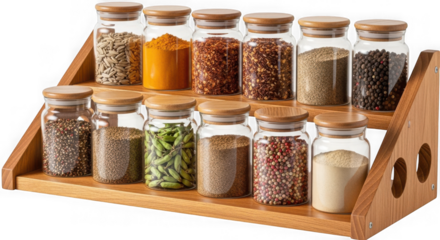 Spice rack with glass jars filled with spices isolated on transparent background