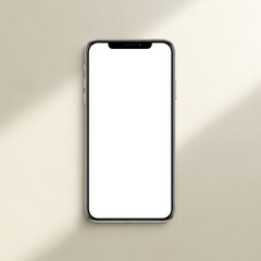 Modern smartphone mockup with a blank white screen, flat lay on a beige surface with a soft shadow. A concept for digital presentation.