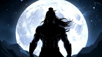 a silhouette of lord shiva with a spear standing in front of a full moon - Powered by Adobe