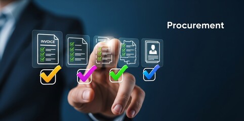 Touchless digital procurement workflow concept featuring a hand selecting verified invoice documents. Ideal for ERP software, B2B purchase management, and seamless paperless approval systems.