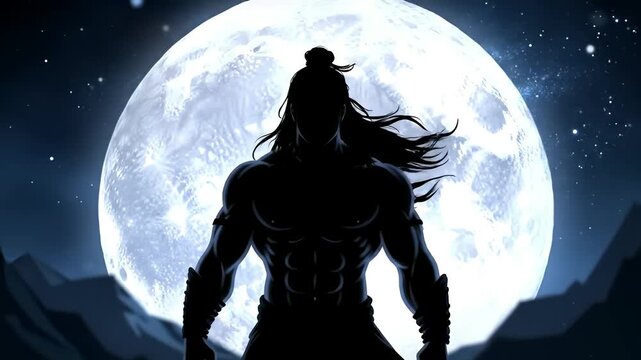 a silhouette of lord shiva with a spear standing in front of a full moon