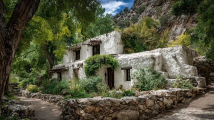 Historic adobe-style house with whitewashed walls and wooden beams, nestled in lush forested canyon, surrounded by stone path and rustic landscape, ideal for travel and heritage editorials