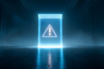 Futuristic glowing warning sign with exclamation mark in digital space, symbolizing alert, caution, cybersecurity, and technology risk notification.