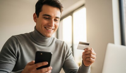 A man uses his smartphone to shop online, making a purchase with his credit card through e-commerce platforms, online payment systems, or internet banking, engaging in digital spending.