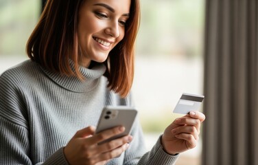 A woman uses her smartphone and credit card to make an online purchase, engaging in e-commerce, internet banking, and digital payment services.