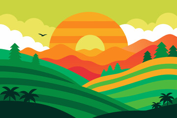 Obraz premium Vibrant sunset over rolling hills and lush green fields with silhouetted trees and palm trees