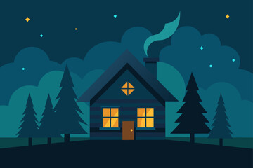 Fototapeta premium Cozy log cabin nestled among pine trees under a starry night sky with glowing windows and smoke from the chimney