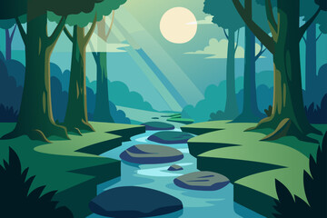 Tranquil forest scene with a winding stream large rocks and sunbeams filtering through the trees