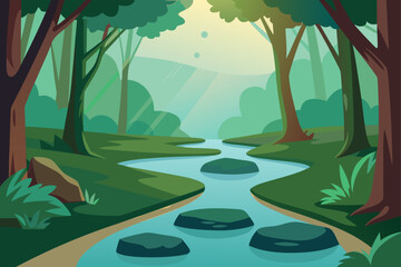 Tranquil forest stream with stepping stones bathed in soft sunlight filtering through lush green trees and foliage