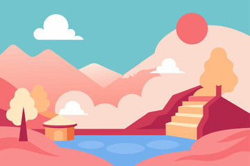 Serene minimalist landscape with soft pink mountains a tranquil blue lake and a small dwelling nestled by trees under a clear sky