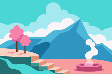 A serene landscape featuring pink trees on a cliff overlooking blue mountains and a steaming pink pool with a staircase leading down
