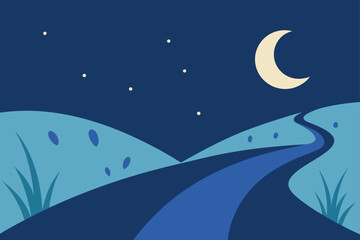 A serene stylized landscape unfolds under a starry night sky featuring a crescent moon and a winding path through rolling hills