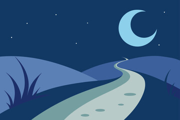 A winding road leads through rolling hills under a crescent moon and starry night sky evoking a sense of peaceful journey and mystery