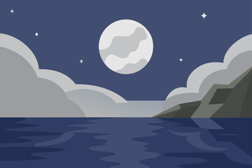 Serene night landscape with full moon over calm water and rocky shoreline under a starry sky