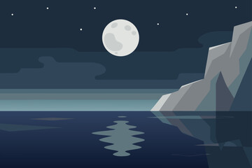 Serene night landscape featuring a full moon over a calm ocean with rocky cliffs and reflections