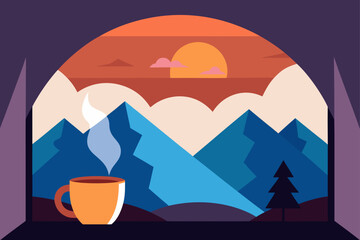 Cozy morning view a steaming coffee cup overlooks majestic mountains at sunrise