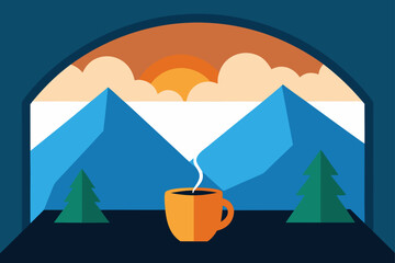 Cozy morning view a steaming mug of coffee enjoyed with a scenic mountain sunrise and evergreen trees