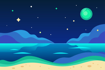 Serene night landscape with a glowing moon over a calm ocean and sandy beach under a starry sky