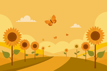 A vibrant stylized illustration of a sunflower field under a warm hazy sky with butterflies fluttering amongst the blooms and rolling hills