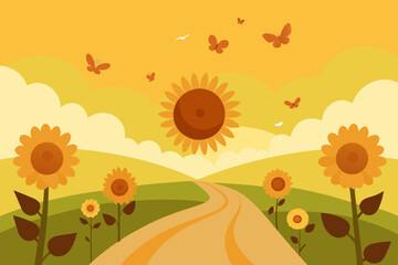 A vibrant stylized landscape featuring blooming sunflowers a winding road and fluttering butterflies under a warm golden sky