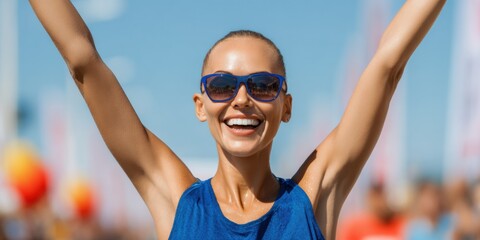 Marathon Day Celebration with Joyful Woman Cheering Outdoors Premium Summer Lifestyle for Young Professionals, Inspiring Motivation and Social Media Marketing