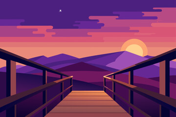 A serene wooden boardwalk leads towards a vibrant sunset over rolling purple mountains under a twilight sky with a single star