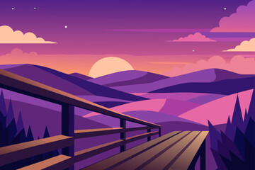 Serene purple mountain landscape at sunset with a wooden deck and railing offering a breathtaking view of rolling hills and a vibrant sky