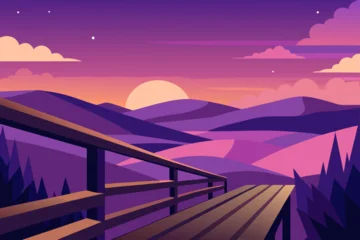 Gordijnen Serene purple mountain landscape at sunset with a wooden deck and railing offering a breathtaking view of rolling hills and a vibrant sky © Pranto