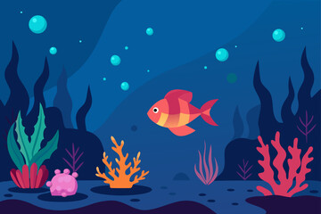 A vibrant underwater scene featuring a single colorful fish swimming amongst diverse coral and seaweed in a deep blue ocean