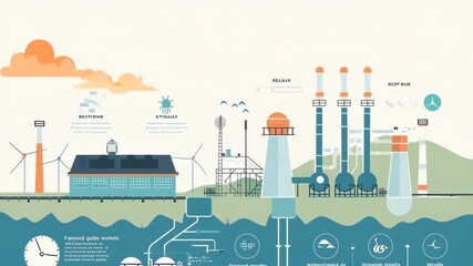 Infographic of a sustainable industrial plant with renewable energy sources like wind and solar power and a water treatment facility.