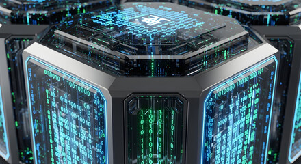 Close-up of a server rack with glowing blue and green digital code on the panels, suggesting data processing and technology.