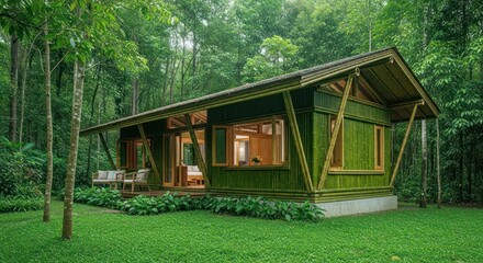 A modern, eco-friendly bamboo house with a lit interior, nestled in a lush green forest.