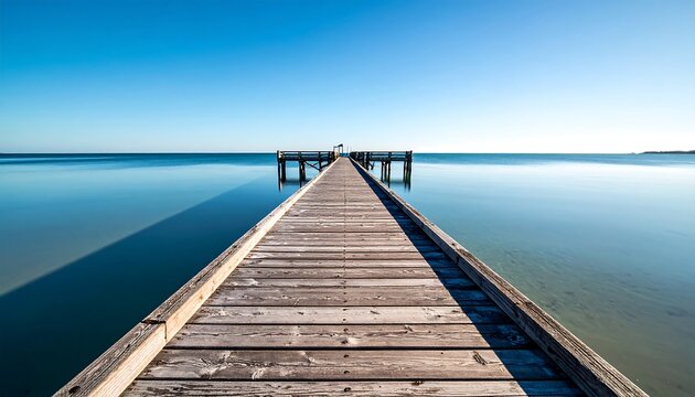 Wooden pier stretching out into calm waters under a clear blue sky creating serenity - Powered by Adobe