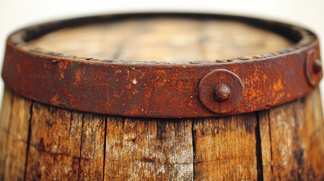 Close-up of aged wooden barrel top. Rusty metal band