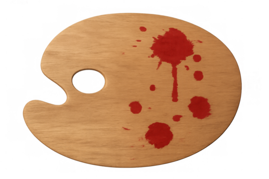 Wooden artist's palette with red paint splatters on transparent background
