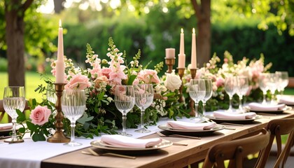 Aesthetic floral centerpiece on a dining table set for a garden party