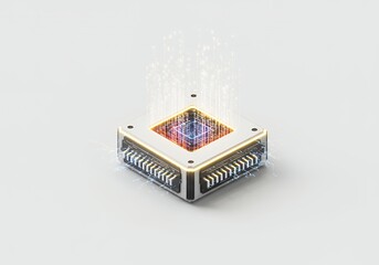 Modern quantum computer core with binary data stream for futuristic innovation and high technology