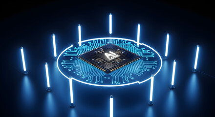 A glowing circuit board with a central microprocessor, surrounded by neon lights.