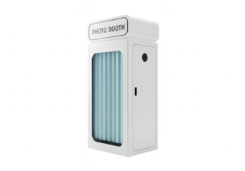 A white photobooth with blue curtains and a sign that says photo booth, viewed from the side and isolated on a transparent background