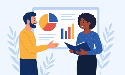 An illustration of two colleagues engaged in a professional discussion in front of a presentation board