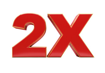 A bold red 3d number 2 with a golden outline, symbolizing multiplication or increase, isolated on a transparent background