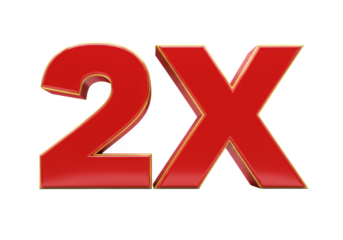 A bold red 3d number 2 with a golden outline, symbolizing multiplication or increase, isolated on a transparent background