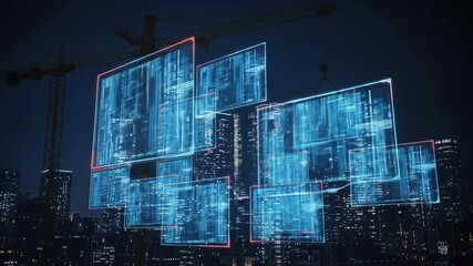 Futuristic cityscape at night with crane constructing technology data interface. - Powered by Adobe