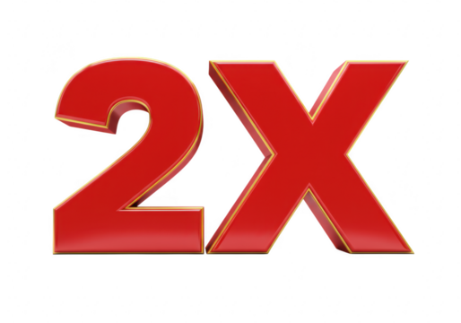 A bold red 3d number 2 with a golden outline, symbolizing multiplication or increase, isolated on a transparent background